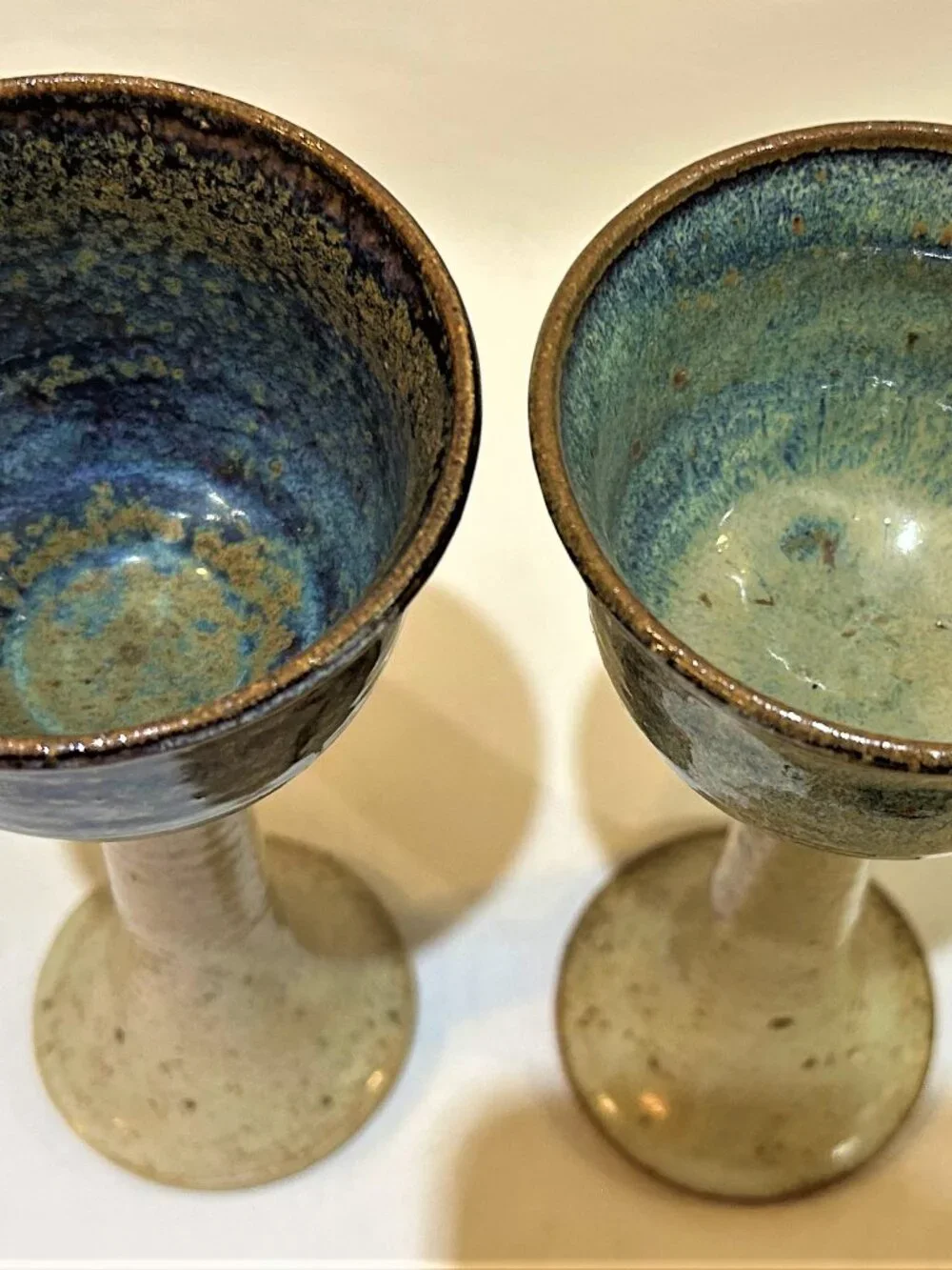 Pair of Studio Art Pottey Drip Glaze Pottery Wine Goblets Artist Signed